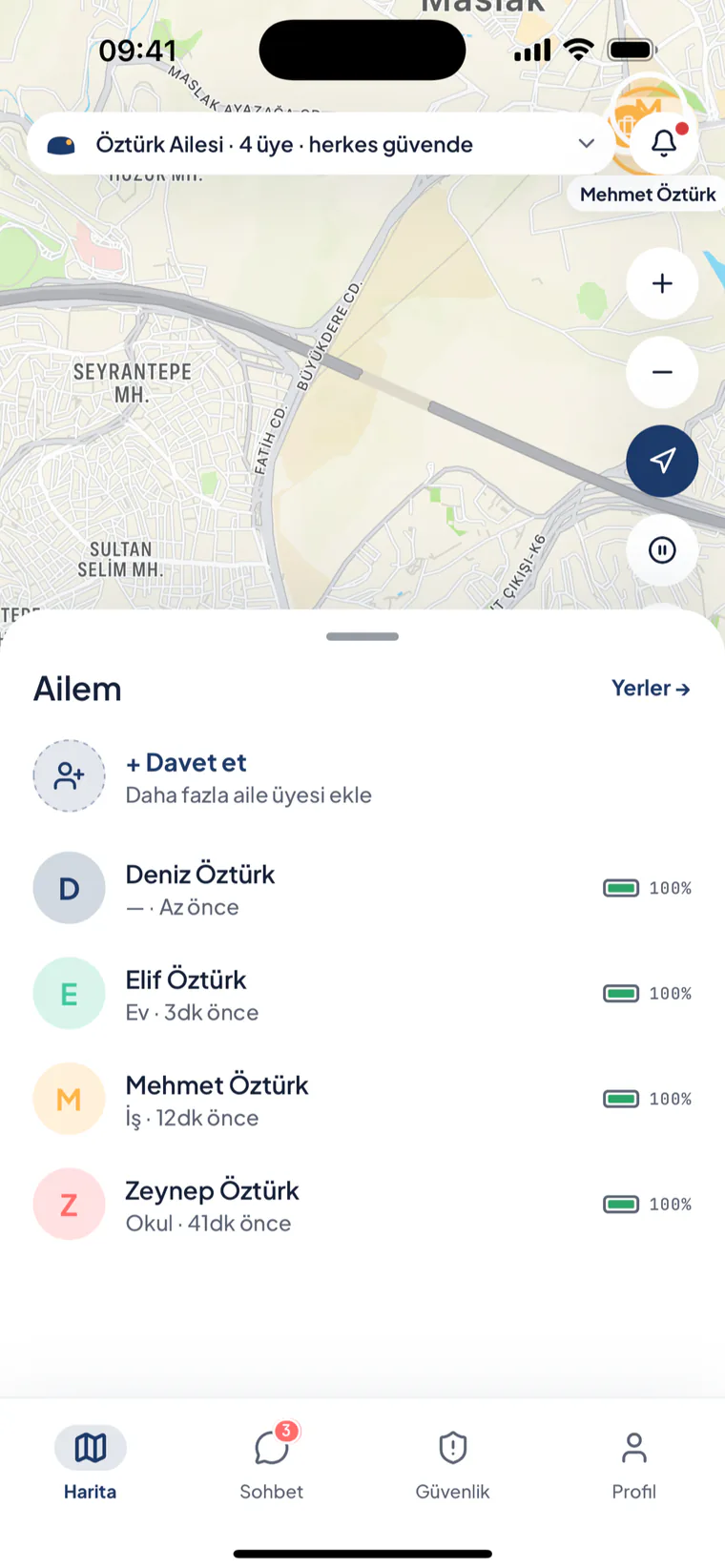 Nestilife ana ekranı: aile üyeleri haritada ve listede