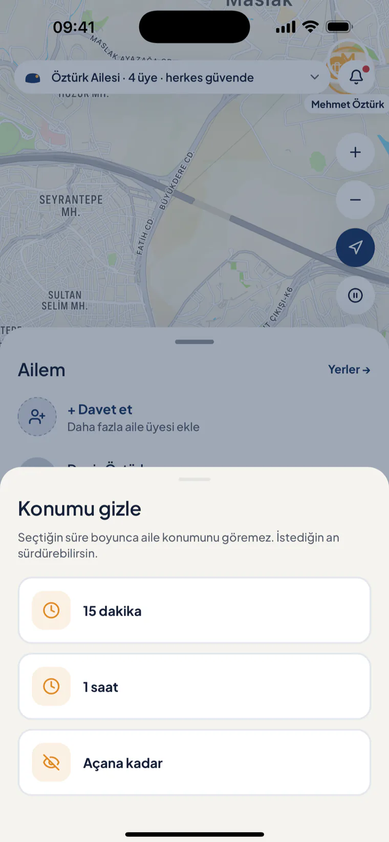 Konumu gizle seçenekleri: 15 dakika, 1 saat, açana kadar