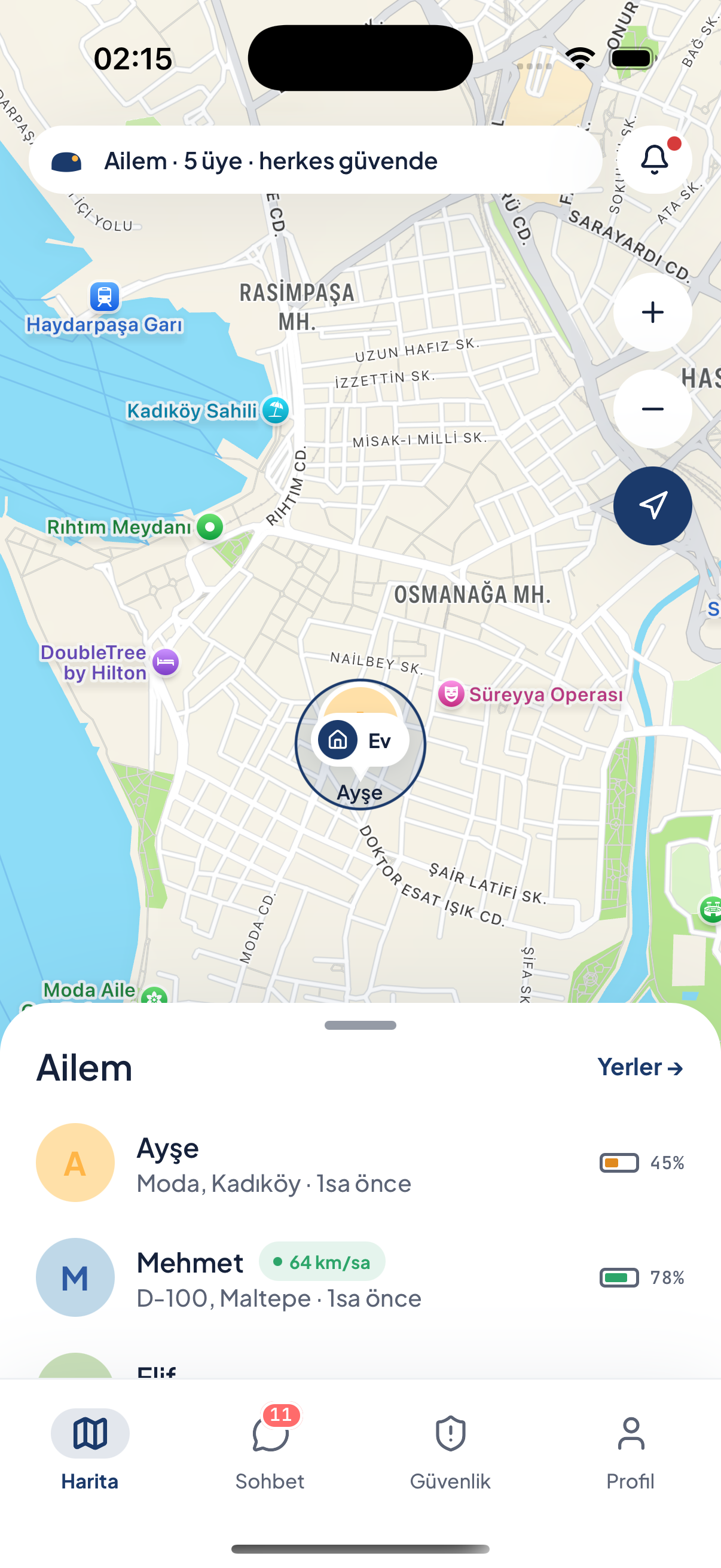 Nestilife uygulamasının ana ekranı: aile haritada